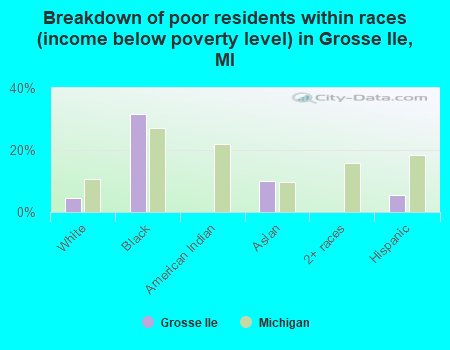 Breakdown of poor residents within races (income below poverty level) in Grosse Ile, MI
