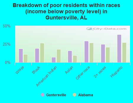 Breakdown of poor residents within races (income below poverty level) in Guntersville, AL