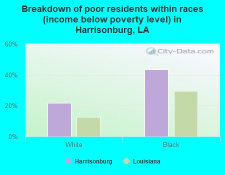 Breakdown of poor residents within races (income below poverty level) in Harrisonburg, LA