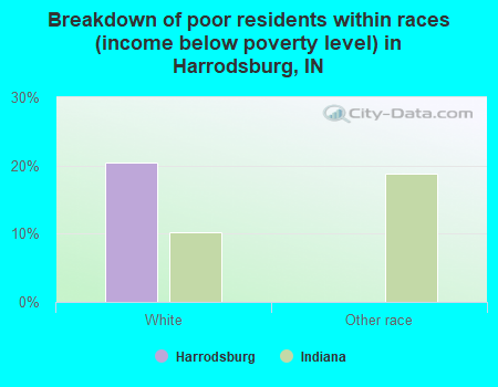 Breakdown of poor residents within races (income below poverty level) in Harrodsburg, IN