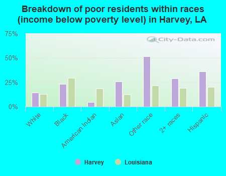 Breakdown of poor residents within races (income below poverty level) in Harvey, LA