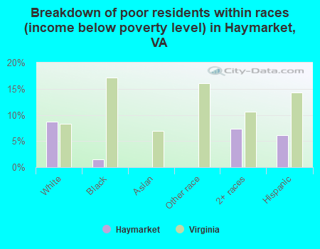 Breakdown of poor residents within races (income below poverty level) in Haymarket, VA