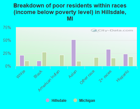 Breakdown of poor residents within races (income below poverty level) in Hillsdale, MI