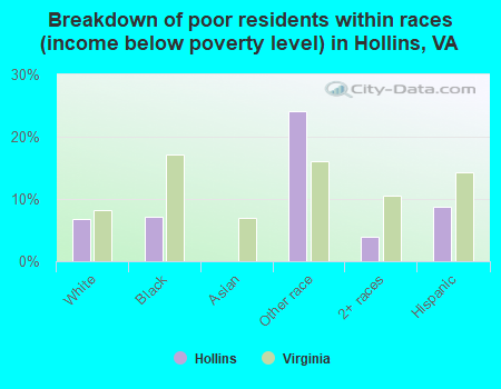 Breakdown of poor residents within races (income below poverty level) in Hollins, VA