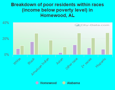 Breakdown of poor residents within races (income below poverty level) in Homewood, AL