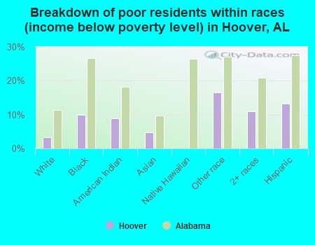 Breakdown of poor residents within races (income below poverty level) in Hoover, AL