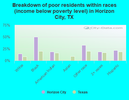Breakdown of poor residents within races (income below poverty level) in Horizon City, TX