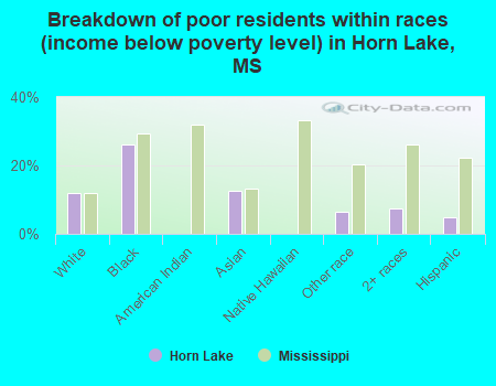 Breakdown of poor residents within races (income below poverty level) in Horn Lake, MS