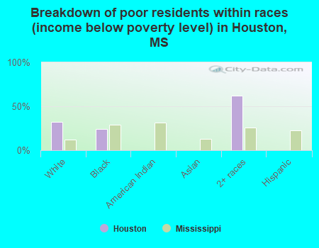 Breakdown of poor residents within races (income below poverty level) in Houston, MS