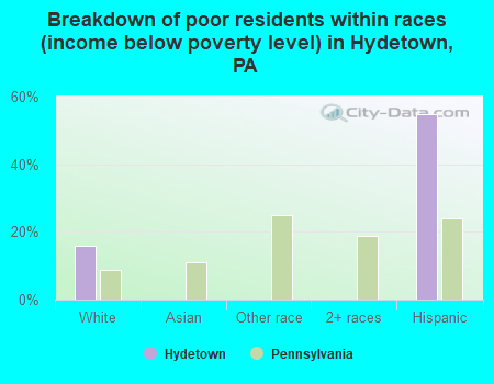 Breakdown of poor residents within races (income below poverty level) in Hydetown, PA