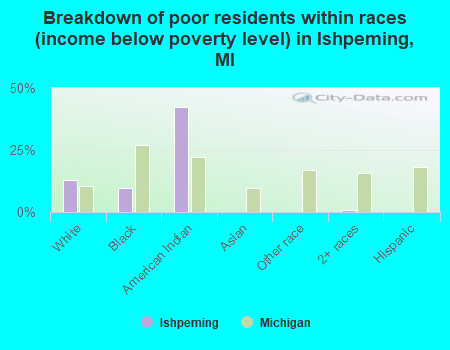 Breakdown of poor residents within races (income below poverty level) in Ishpeming, MI