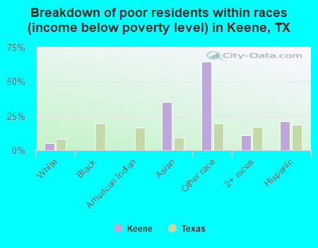 Breakdown of poor residents within races (income below poverty level) in Keene, TX