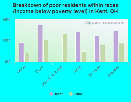 Breakdown of poor residents within races (income below poverty level) in Kent, OH