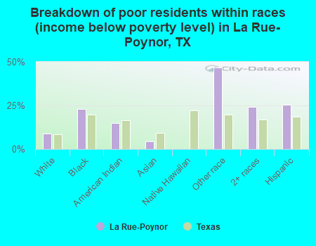 Breakdown of poor residents within races (income below poverty level) in La Rue-Poynor, TX