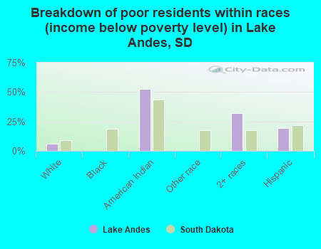 Breakdown of poor residents within races (income below poverty level) in Lake Andes, SD
