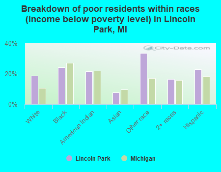 Breakdown of poor residents within races (income below poverty level) in Lincoln Park, MI