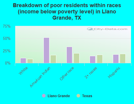 Breakdown of poor residents within races (income below poverty level) in Llano Grande, TX