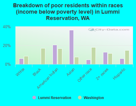 Breakdown of poor residents within races (income below poverty level) in Lummi Reservation, WA