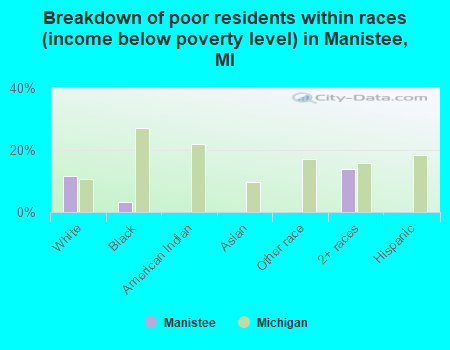Breakdown of poor residents within races (income below poverty level) in Manistee, MI
