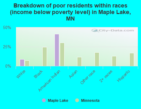 Breakdown of poor residents within races (income below poverty level) in Maple Lake, MN