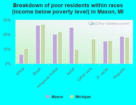 Breakdown of poor residents within races (income below poverty level) in Mason, MI