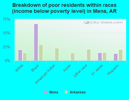 Breakdown of poor residents within races (income below poverty level) in Mena, AR