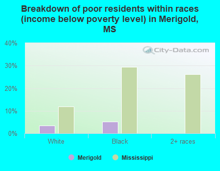 Breakdown of poor residents within races (income below poverty level) in Merigold, MS