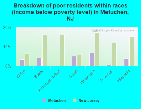 Breakdown of poor residents within races (income below poverty level) in Metuchen, NJ