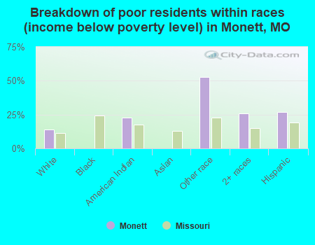 Breakdown of poor residents within races (income below poverty level) in Monett, MO