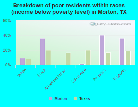 Breakdown of poor residents within races (income below poverty level) in Morton, TX