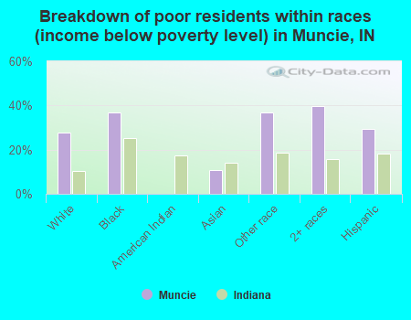 Breakdown of poor residents within races (income below poverty level) in Muncie, IN