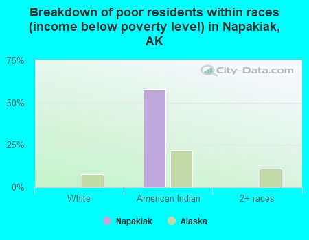 Breakdown of poor residents within races (income below poverty level) in Napakiak, AK