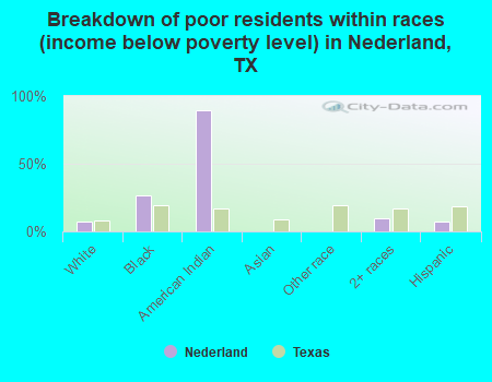 Breakdown of poor residents within races (income below poverty level) in Nederland, TX