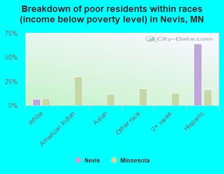 Breakdown of poor residents within races (income below poverty level) in Nevis, MN