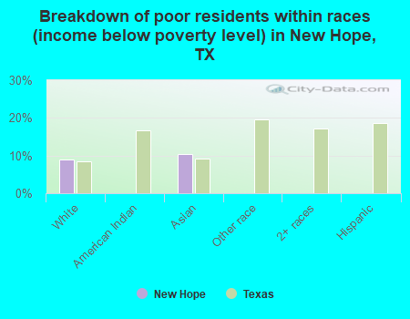 Breakdown of poor residents within races (income below poverty level) in New Hope, TX