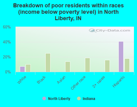 Breakdown of poor residents within races (income below poverty level) in North Liberty, IN