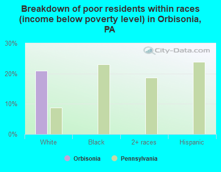 Breakdown of poor residents within races (income below poverty level) in Orbisonia, PA