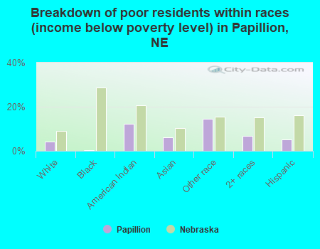 Breakdown of poor residents within races (income below poverty level) in Papillion, NE