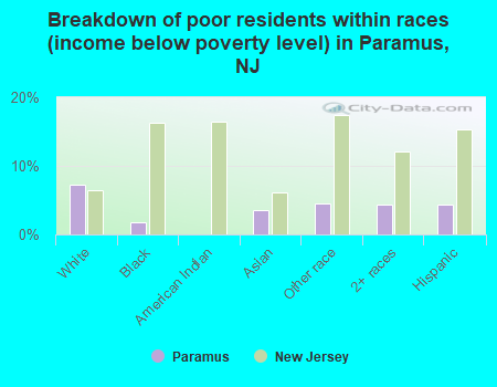 Breakdown of poor residents within races (income below poverty level) in Paramus, NJ