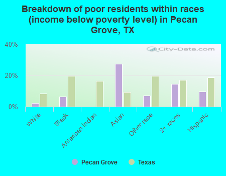 Breakdown of poor residents within races (income below poverty level) in Pecan Grove, TX
