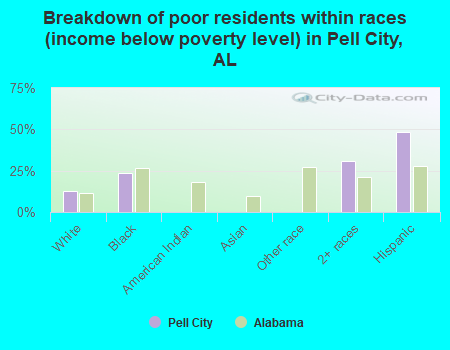 Breakdown of poor residents within races (income below poverty level) in Pell City, AL