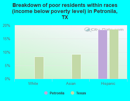 Breakdown of poor residents within races (income below poverty level) in Petronila, TX