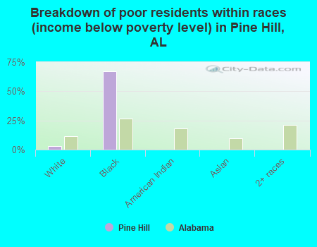 Breakdown of poor residents within races (income below poverty level) in Pine Hill, AL