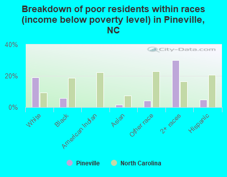 Breakdown of poor residents within races (income below poverty level) in Pineville, NC