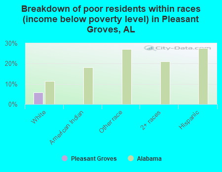 Breakdown of poor residents within races (income below poverty level) in Pleasant Groves, AL