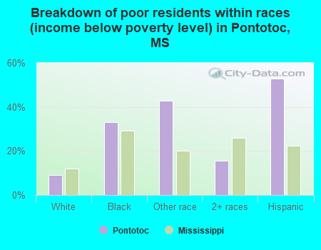 Breakdown of poor residents within races (income below poverty level) in Pontotoc, MS