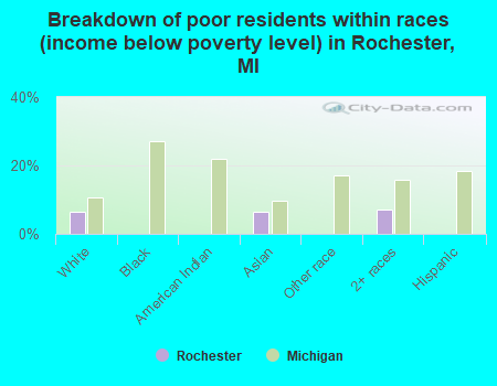 Breakdown of poor residents within races (income below poverty level) in Rochester, MI