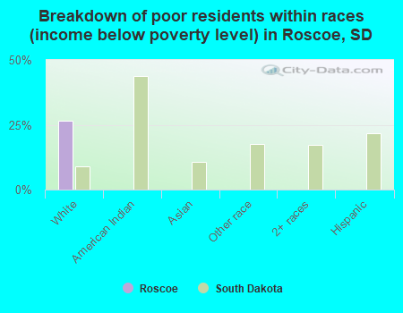 Breakdown of poor residents within races (income below poverty level) in Roscoe, SD