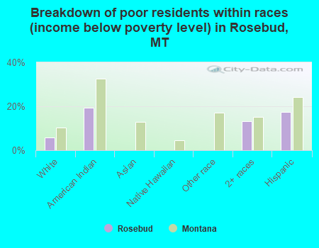 Breakdown of poor residents within races (income below poverty level) in Rosebud, MT
