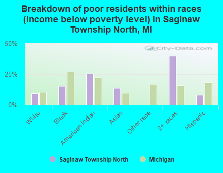 Breakdown of poor residents within races (income below poverty level) in Saginaw Township North, MI
